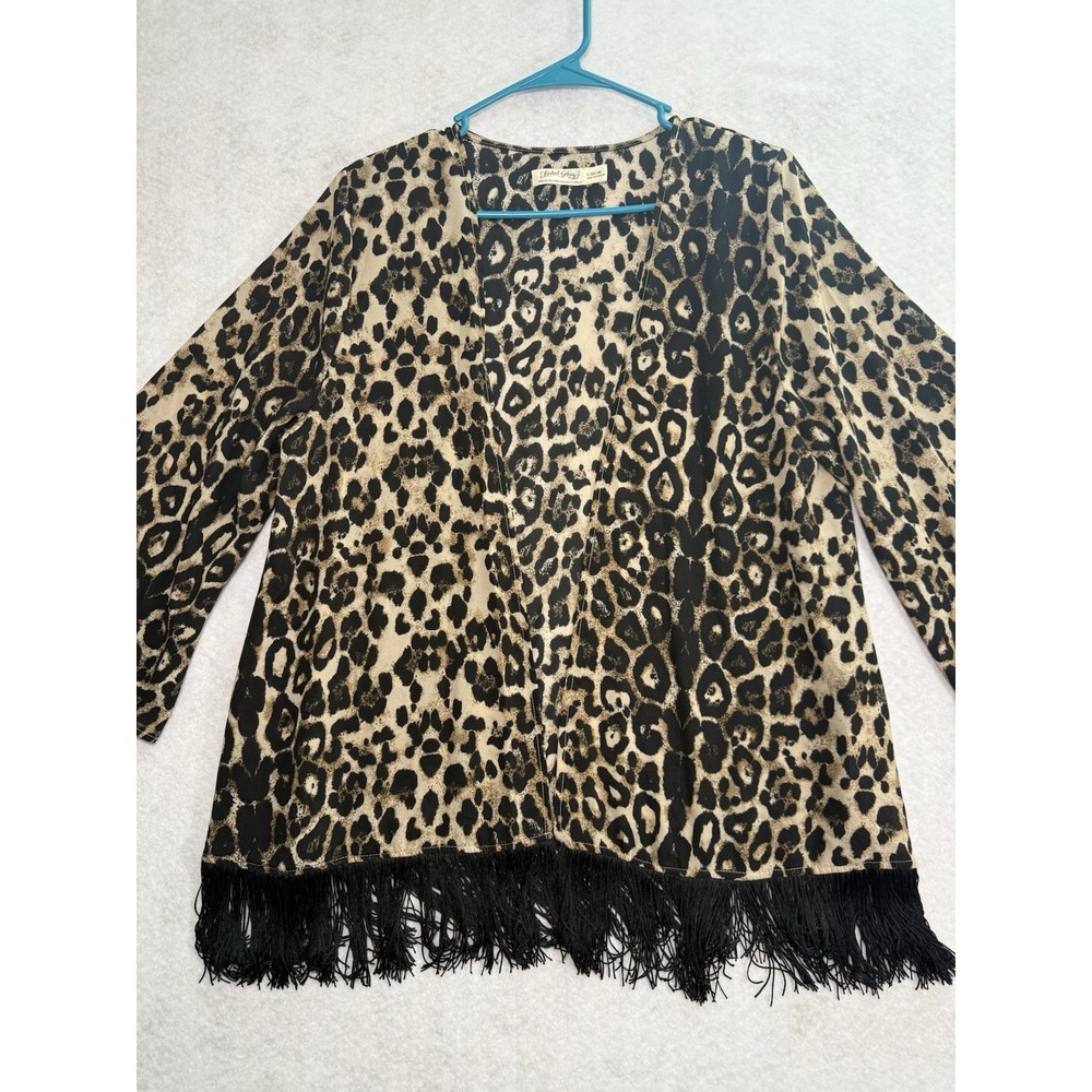 Faded Glory Leopard‎ Print Fringe Kimono Cardigan Women's Large Open Front